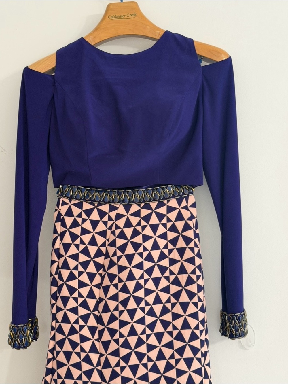 Coldwater Creek Purple Cold-Shoulder Top with Pink & Navy Geometric Midi Skirt